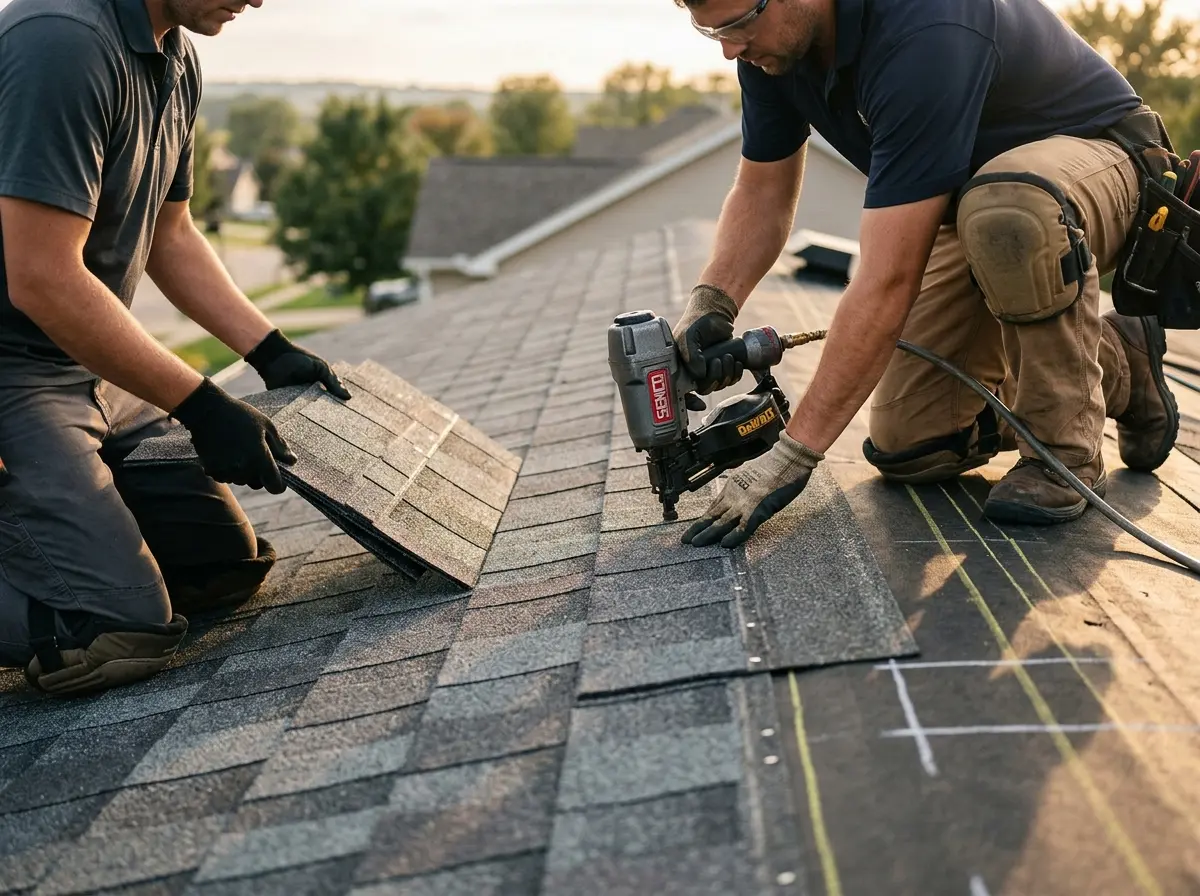 Professional roofer working on a residential roof in Delano